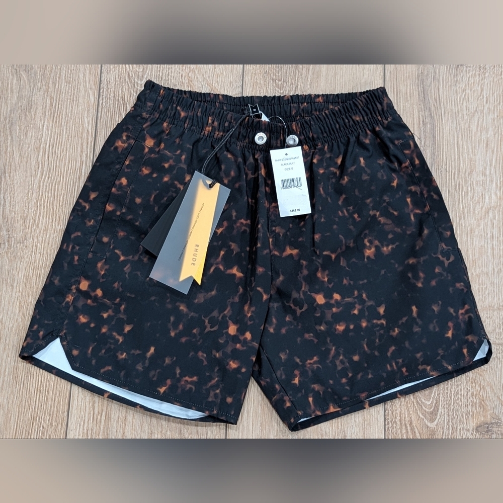 $465 Mens RHUDE Tortoise Print Swim Shorts Trunks Black XS